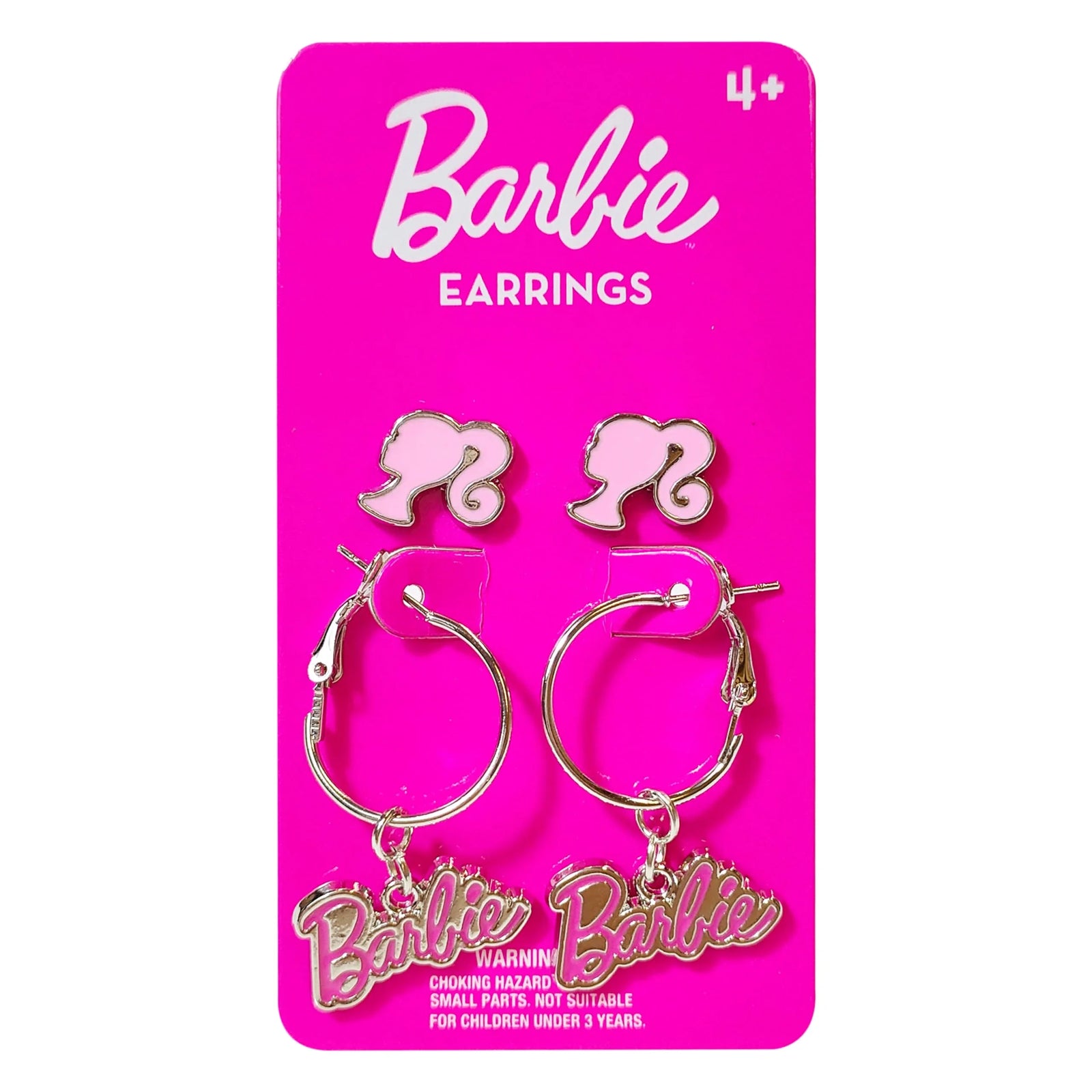 Barbie earrings for girls on pink card, doll profile studs and Barbie script hoop set