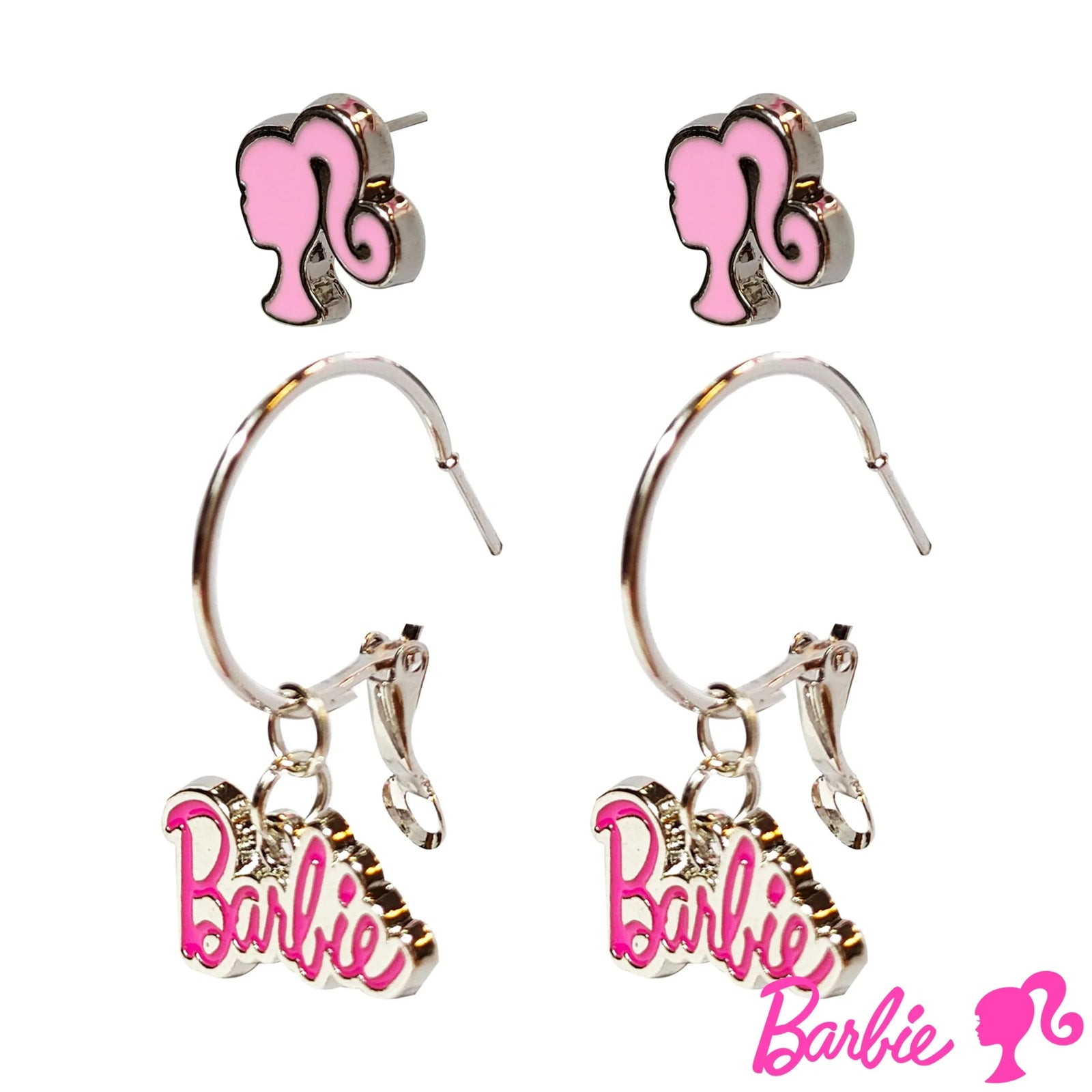 Barbie earrings for girls on pink card, doll profile studs and Barbie script hoop set