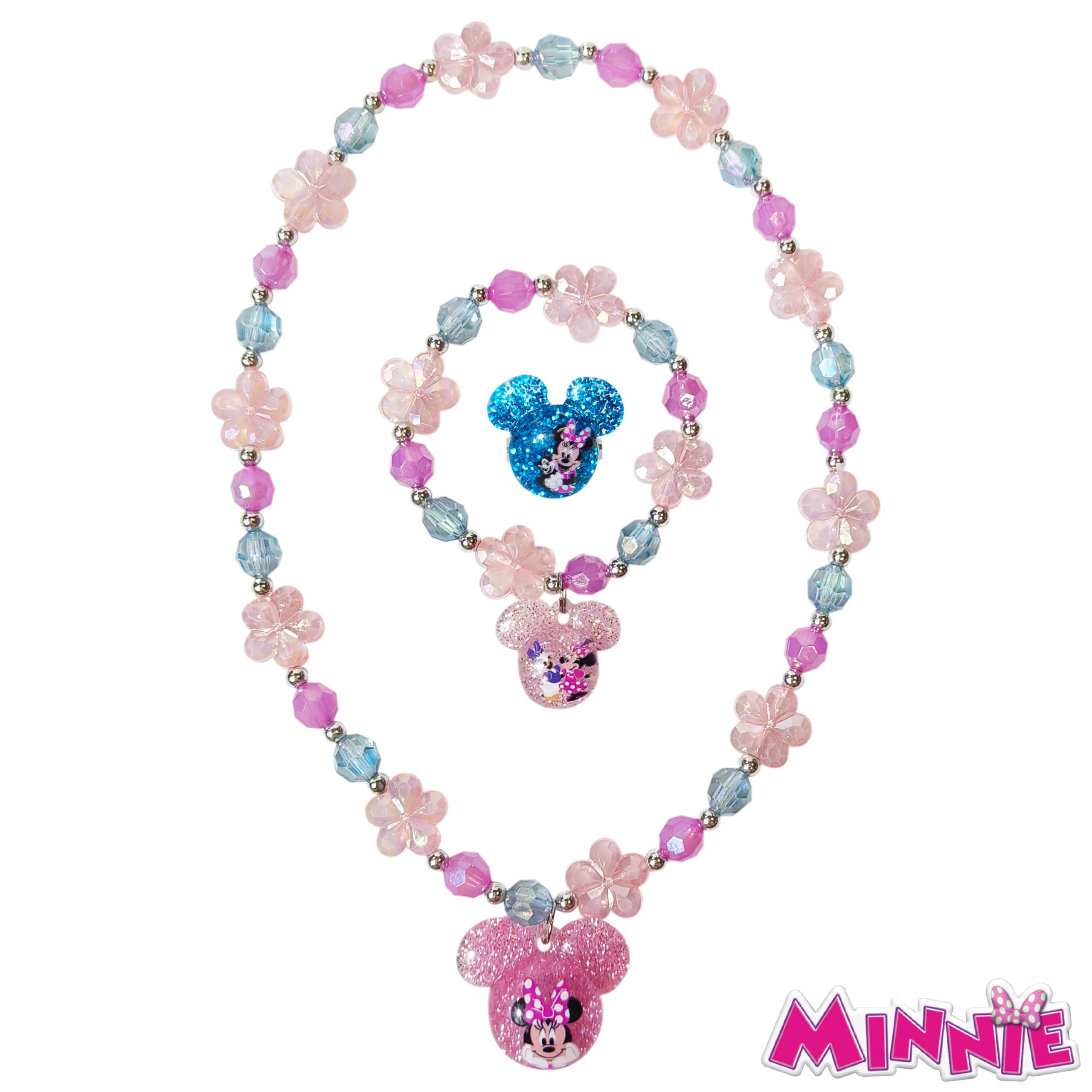 LUV HER Disney Minnie Girls Jewelry Set - Dress up 3 Piece Toy Jewelry Box Set with Bead Necklace, Bracelet and Ring - Play Accessories - Ages 3+ - LuvHer Shop