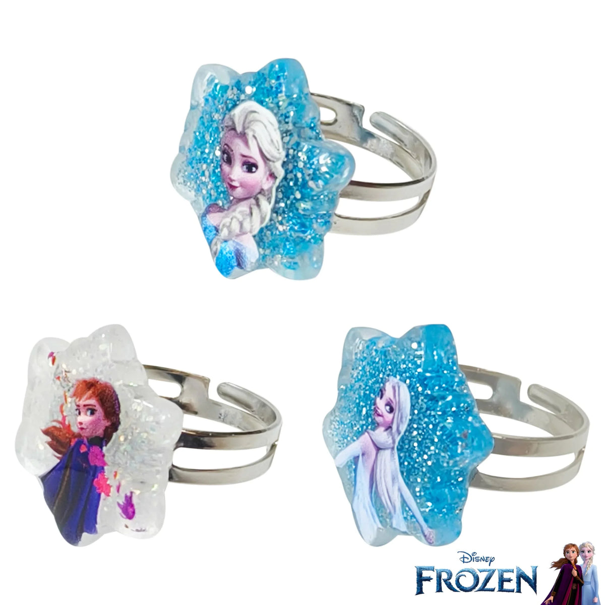 Disney Frozen Adjustable Rings featuring Elsa and Anna, sparkly blue and white star design, LuvHer Shop