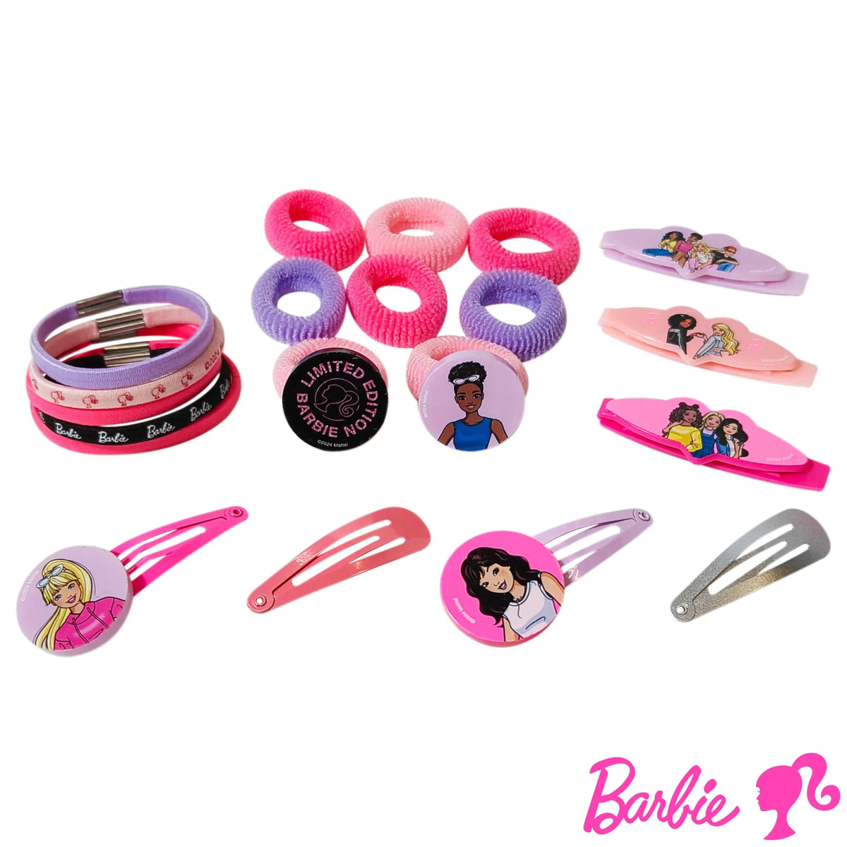 Barbie hair accessories bundle with colorful hair ties, clips, and bracelets for girls from LuvHer Shop.