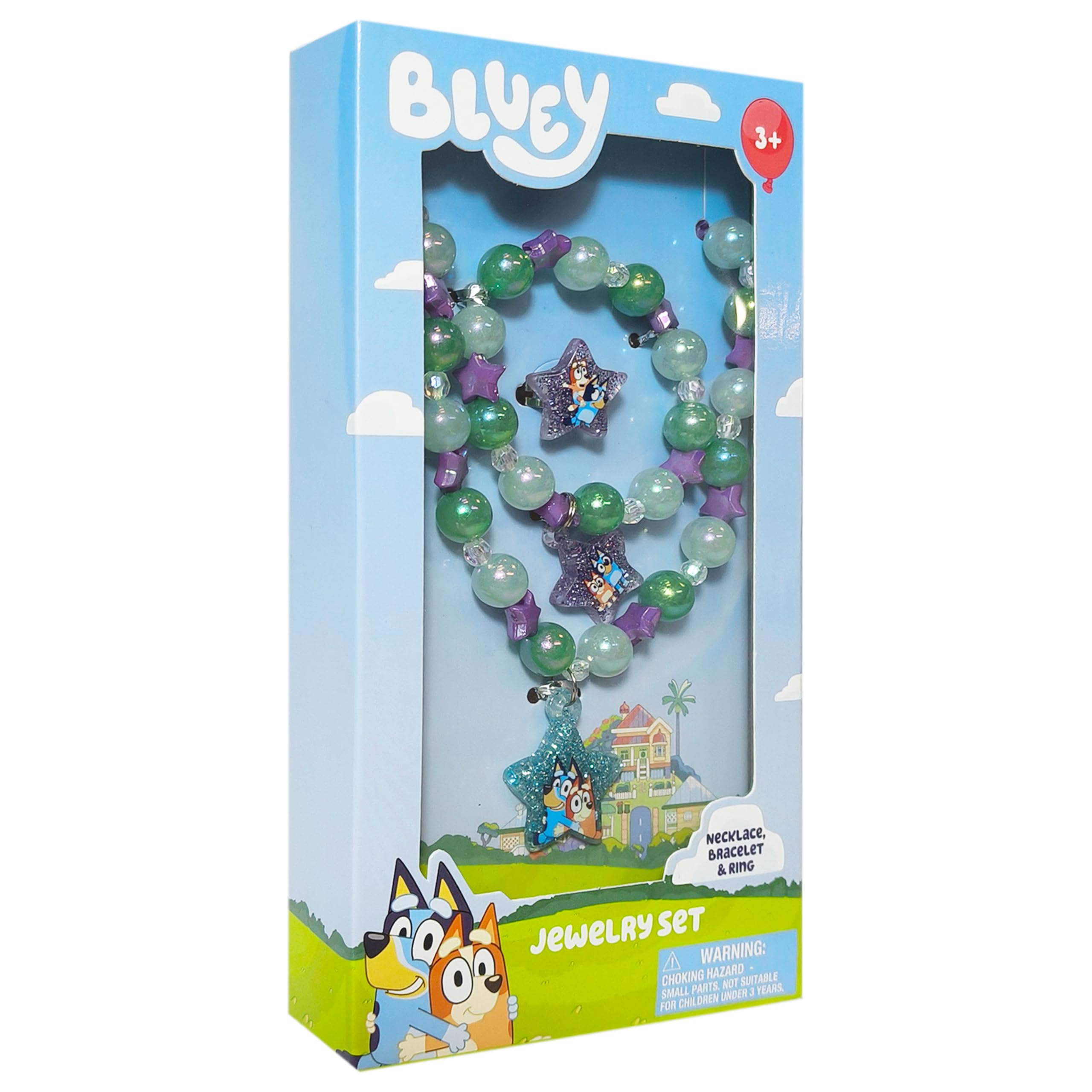 LUV HER Bluey Girl's Jewelry Set - Dress up 3 Piece Toy Jewelry Box Set with Bead Necklace, Bracelet and Ring - Play Accessories - Ages 3+
