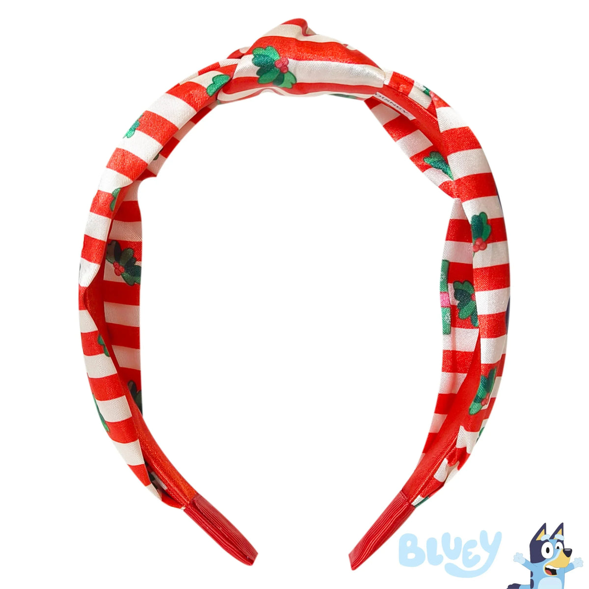 Bluey Holiday Striped Headband with red and white candy cane stripes and holly accents