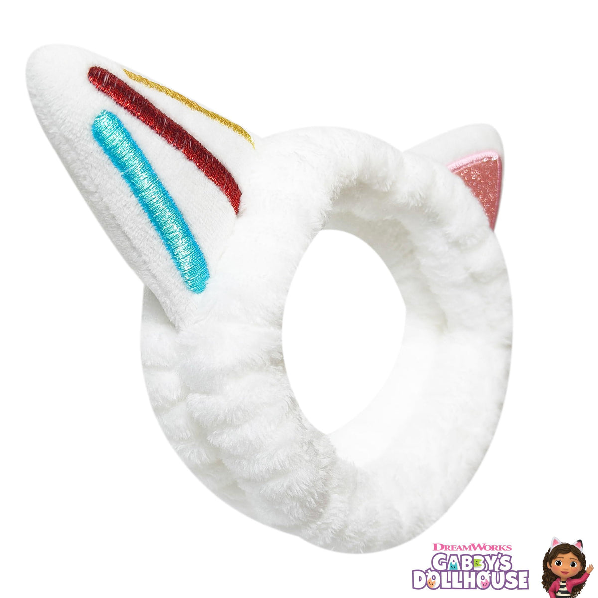 Gabby's Dollhouse plush white cat ear scrunchie hair accessory with colorful embroidered details