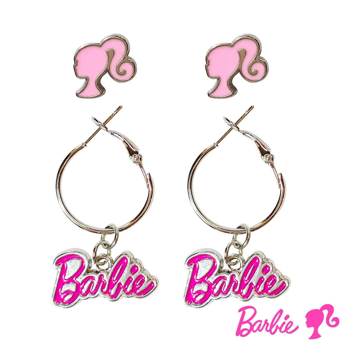 Barbie earrings set with pink logo hoops and pink silhouette studs, official girls' accessories