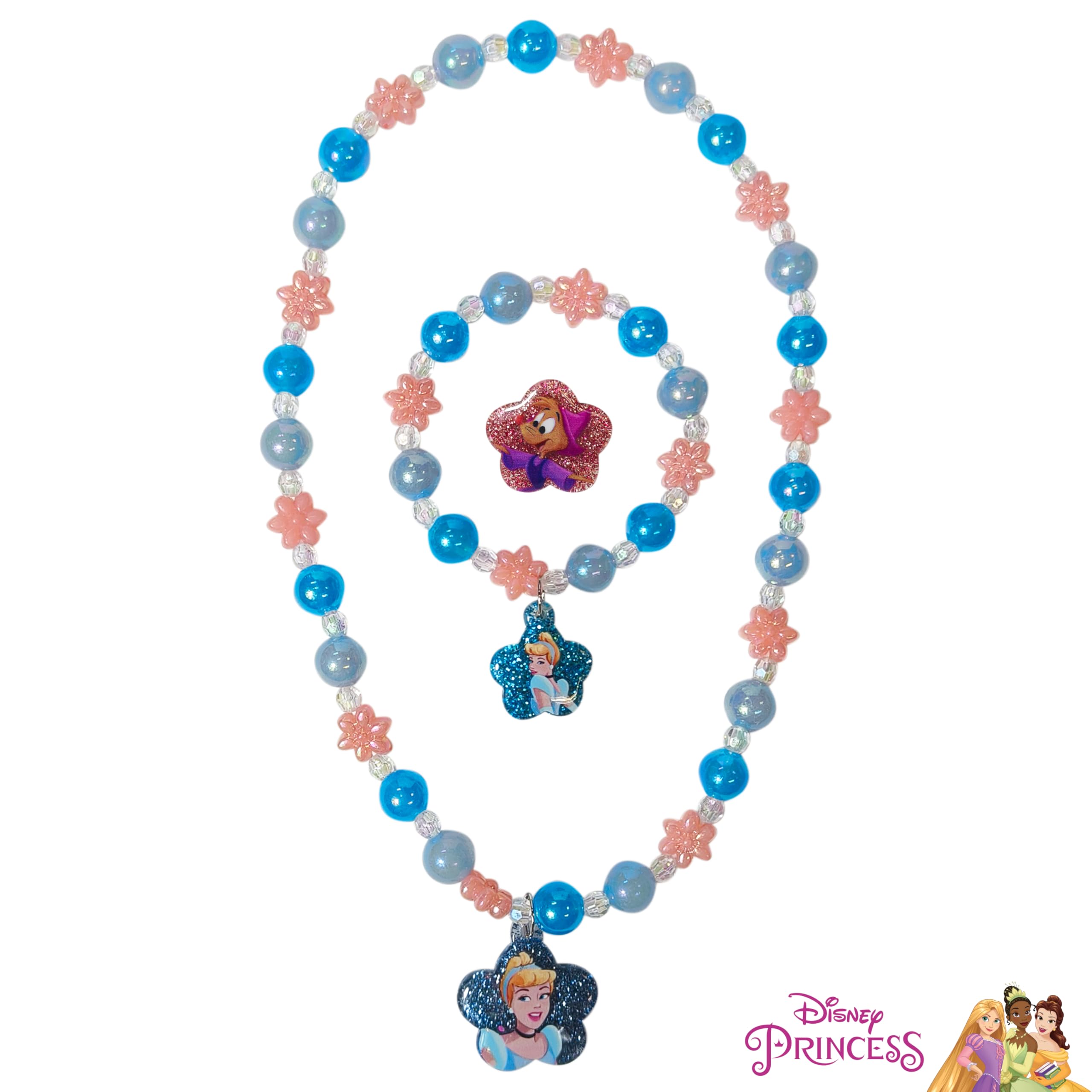 LUV HER Disney Princesses Cinderella Girls Jewelry Set - Dress up 3 Piece Toy Jewelry Box Set with Bead Necklace, Bracelet and Ring - Play Accessories - Ages 3+ - LuvHer Shop