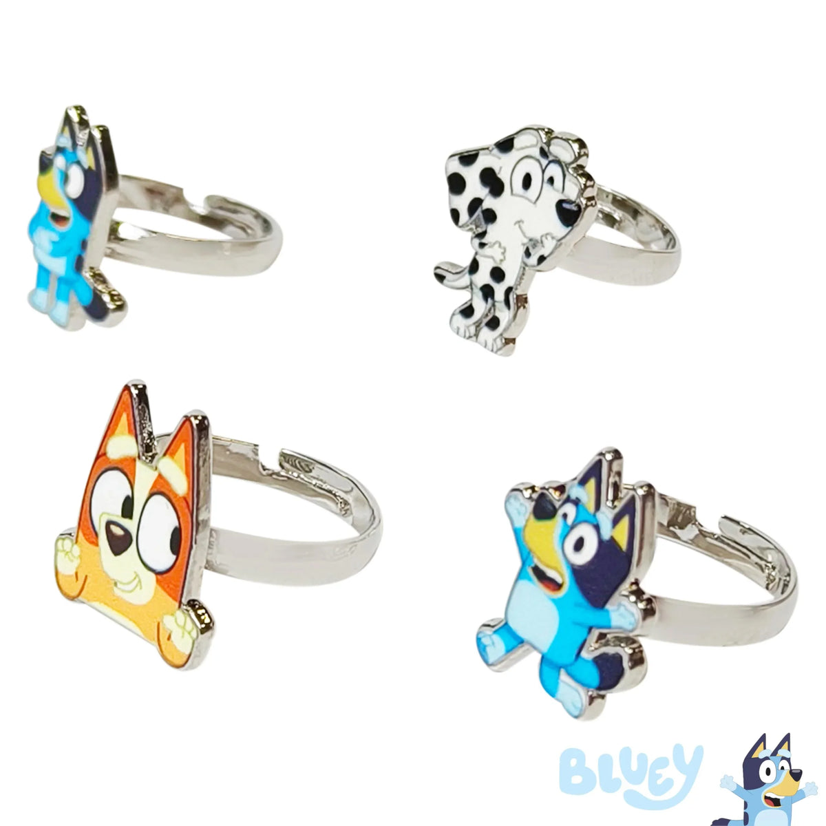 Bluey Gift Bundle adjustable rings set with Bluey and friends characters on silver bands
