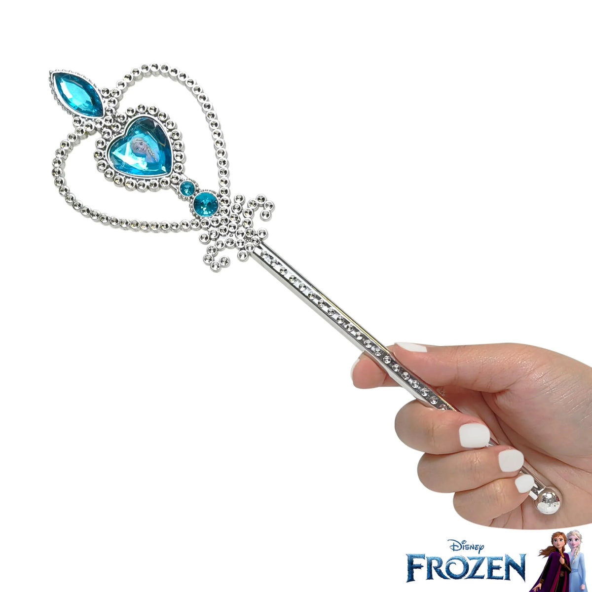 Disney Frozen Elsa Silver Princess Wand with blue gems, held by a hand, LuvHer Shop accessory