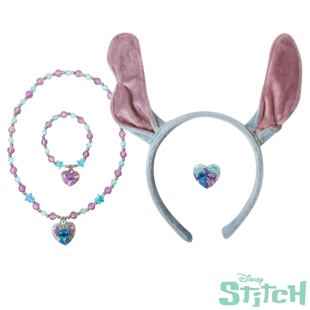 Disney Stitch accessories set with pink ear headband, beaded necklace, bracelet, and heart charm.