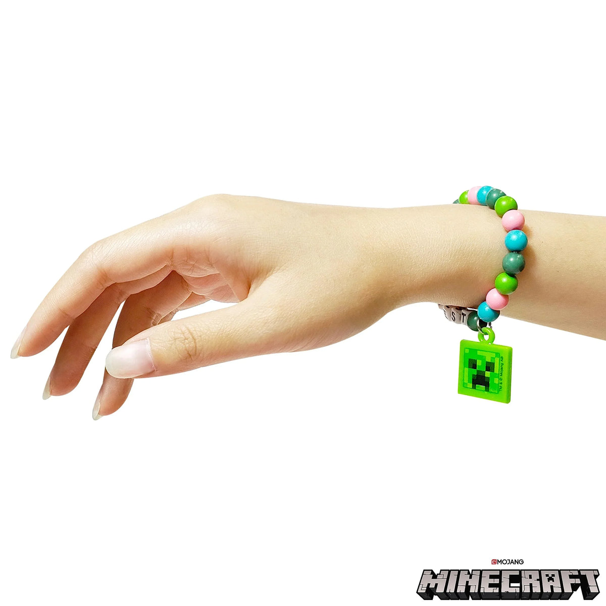 Minecraft Bead Bracelet with Creeper charm on wrist, girls' jewelry accessory from LuvHer Shop