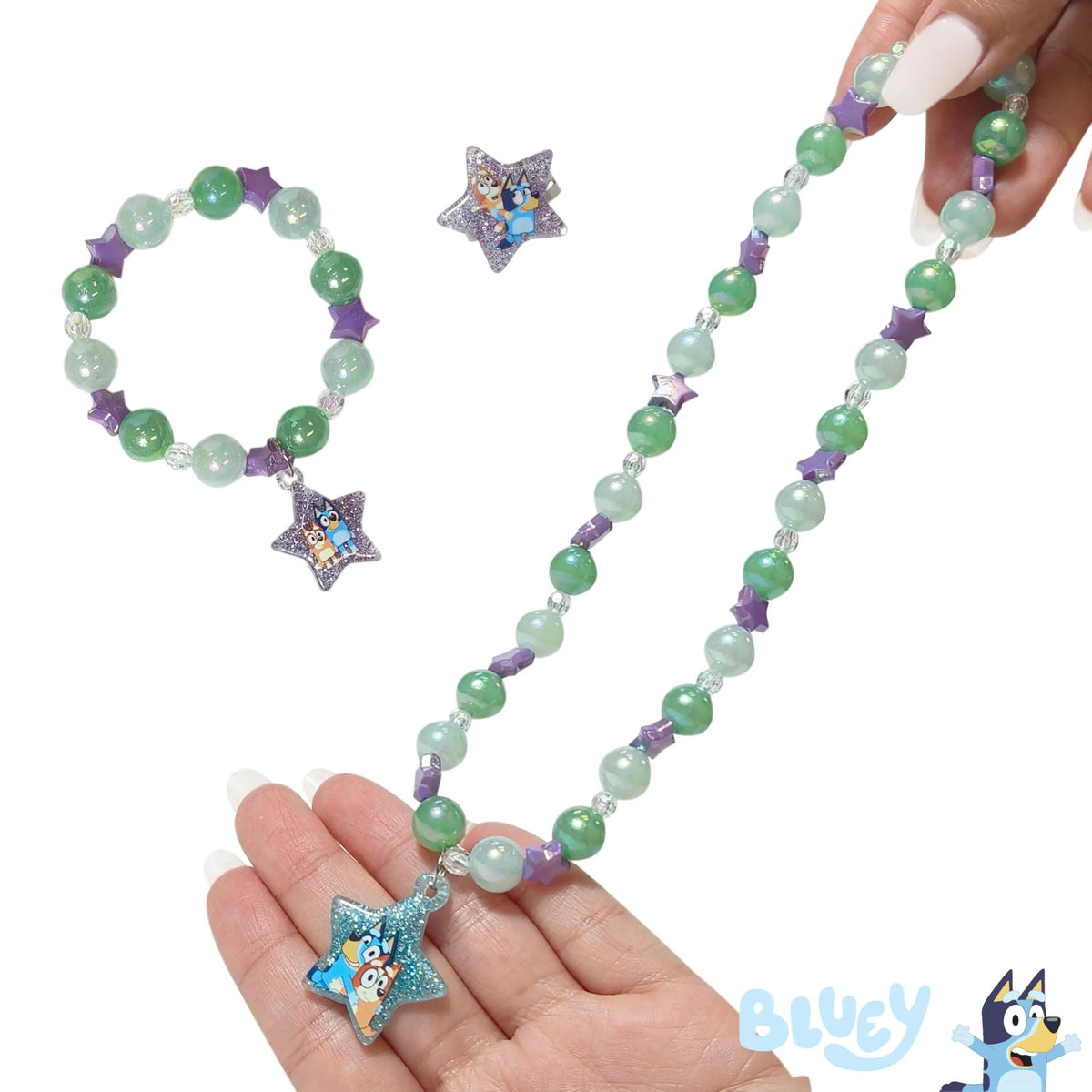 Bluey Star Bead Jewelry Set with necklace, bracelet, and ring featuring purple, green, and blue beads, official Bluey accessories for girls.