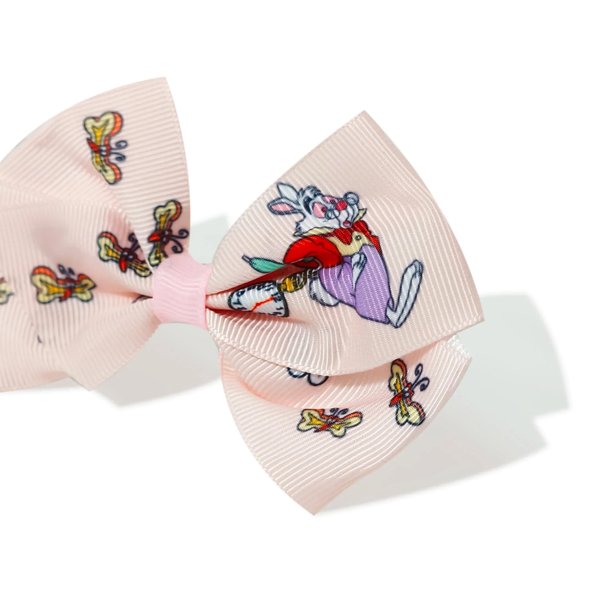 Disney Alice in Wonderland White Rabbit hair bow on pale pink ribbon with butterfly print