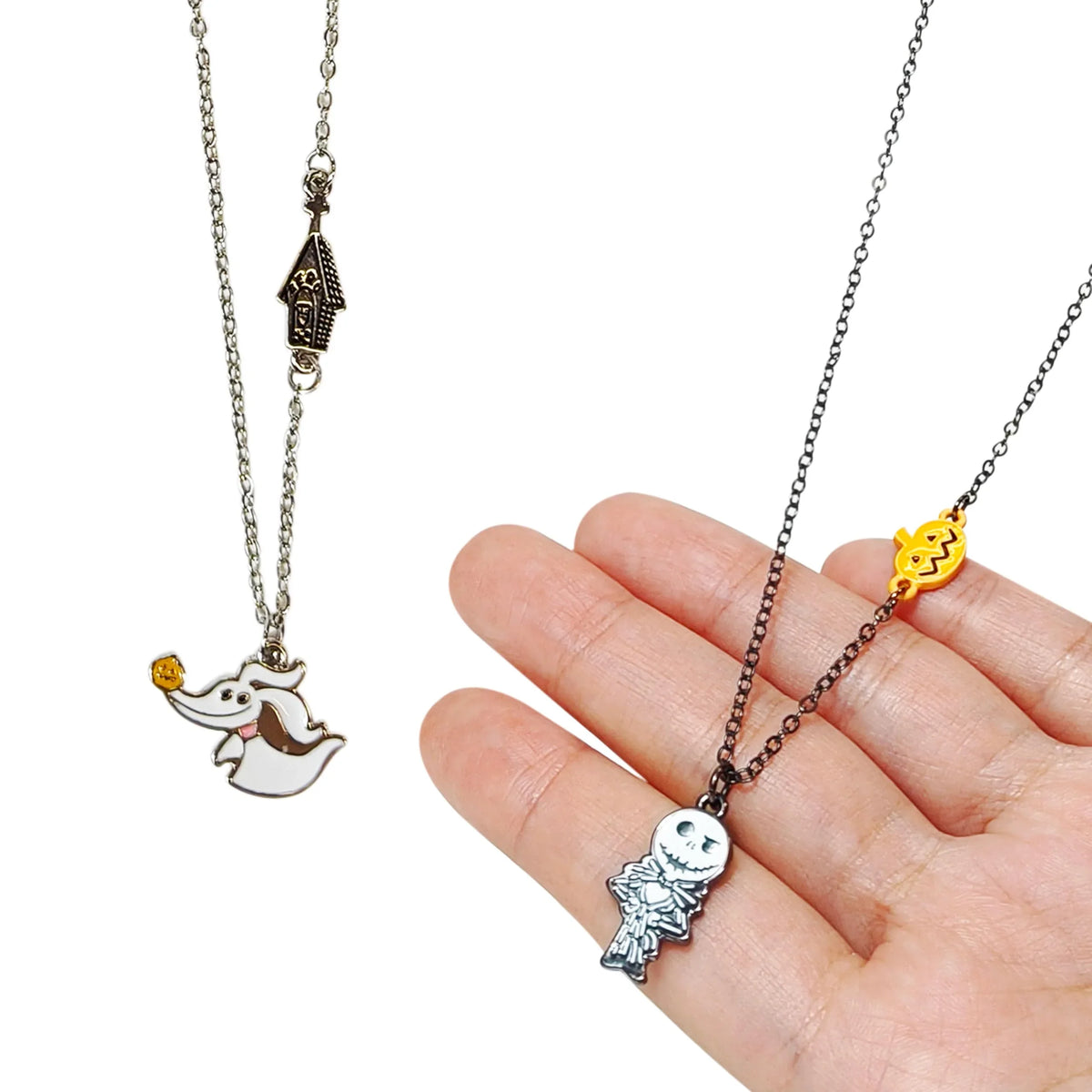 Disney Nightmare Before Christmas Jack and Zero necklace set shown close-up in hand, LuvHer Shop jewelry.