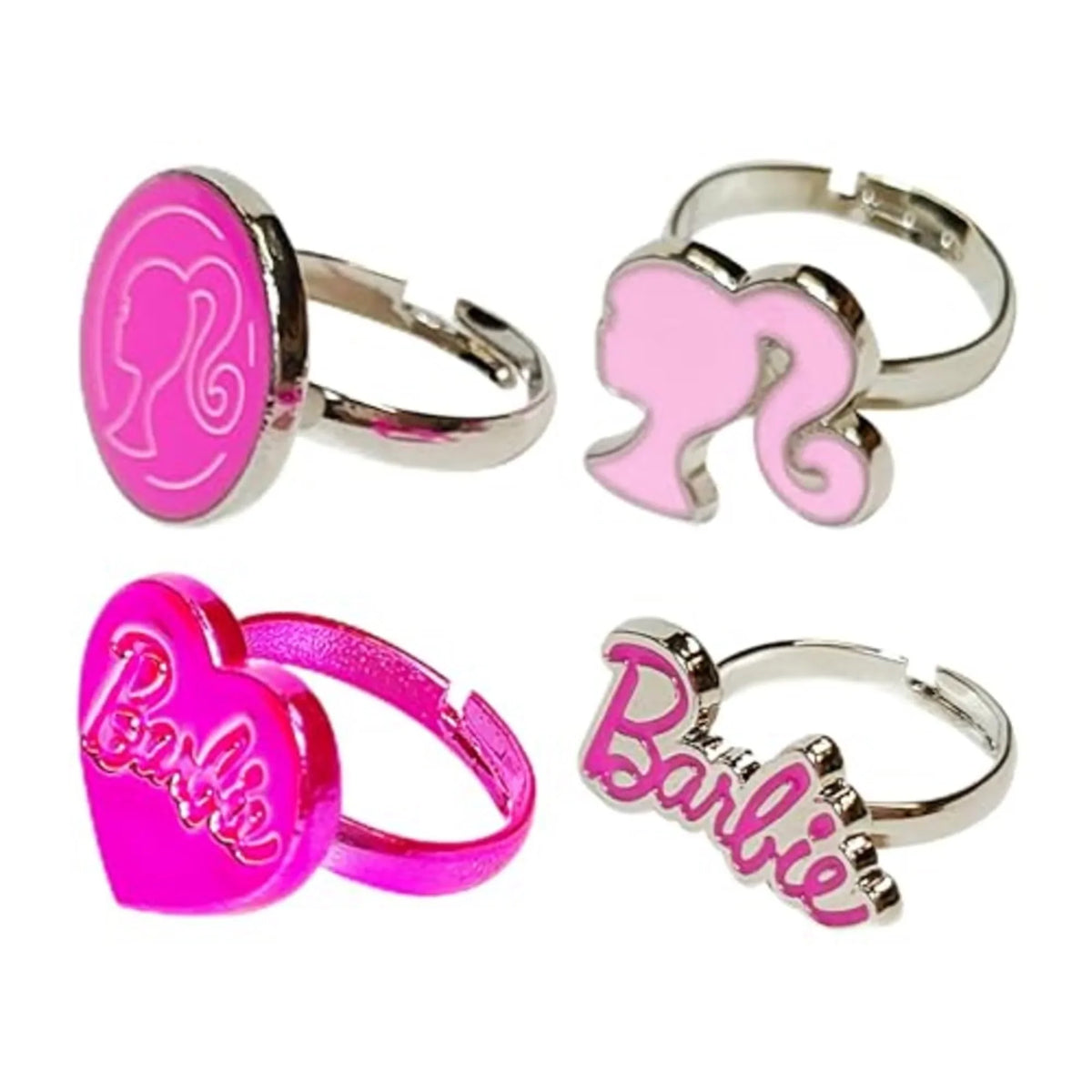 Barbie rings set with pink logos and silhouettes, official girls' jewelry from LuvHer Shop