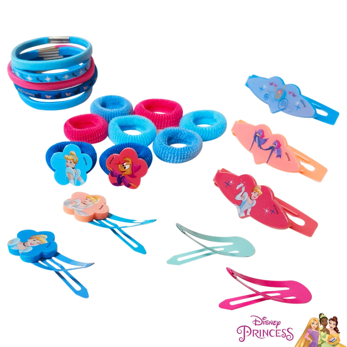 Disney Princess hair accessory set with colorful hair ties, bracelets, and character clips from LuvHer Shop