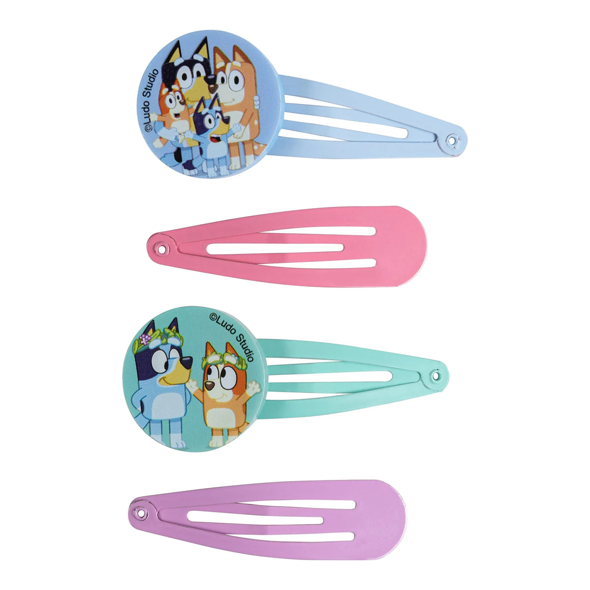 Bluey Hair Clip Set with cartoon family characters on colorful snap clips, officially licensed girls' accessories from LuvHer Shop.