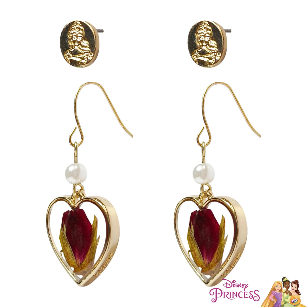 Disney Princess Belle Rose Heart Earrings gold-tone with red rose and faux pearl accents