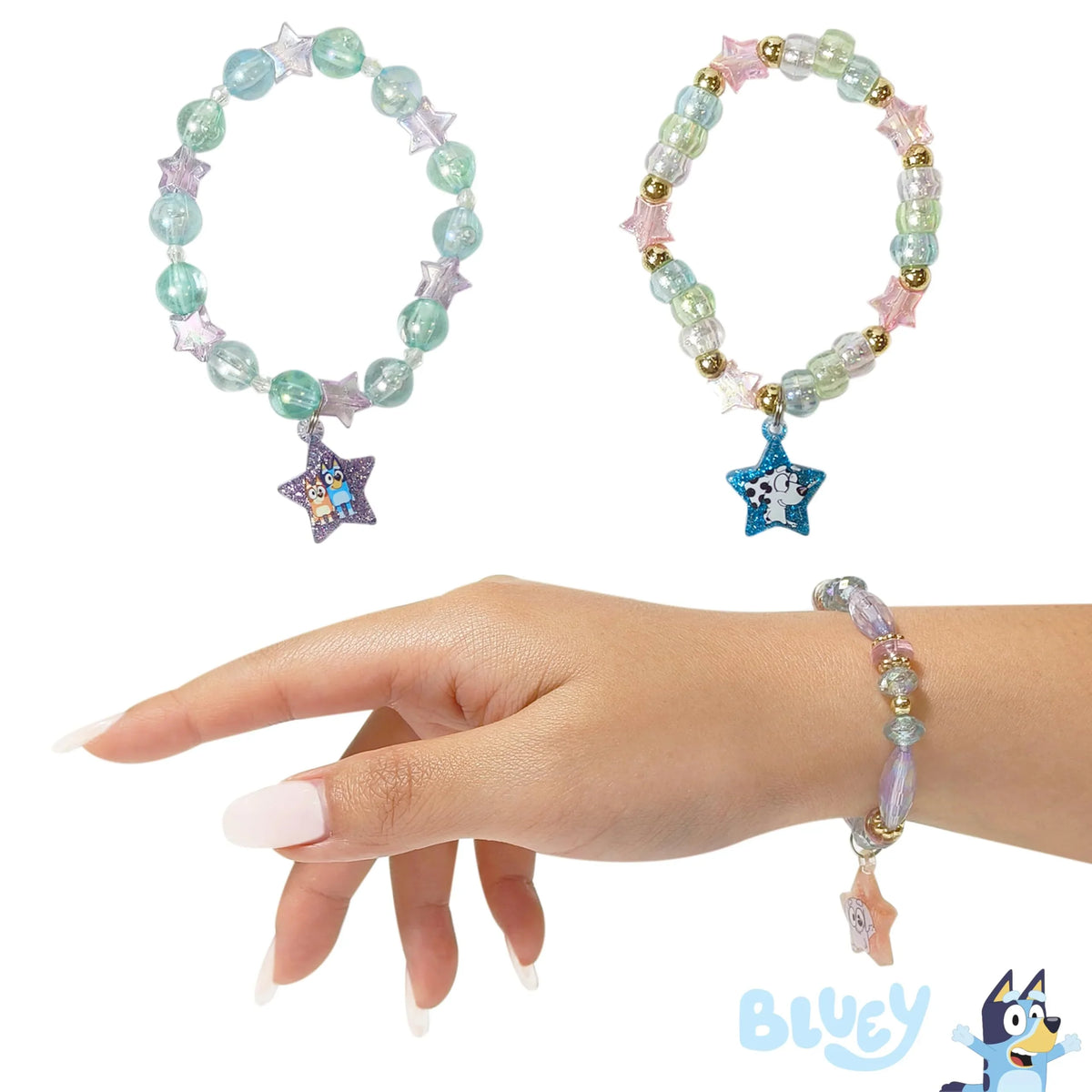 Bluey Beaded Bracelet Set with star charms, pastel beads, and Bluey character, LuvHer Shop