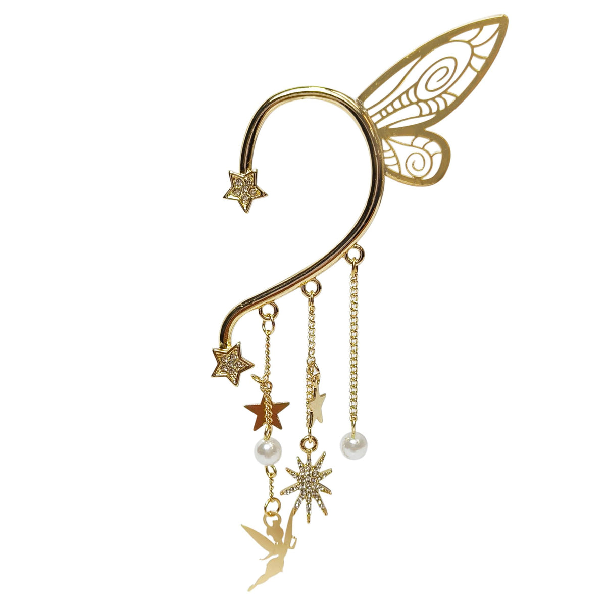 Tinker Bell Ear Cuff gold fairy wing earring with dangling stars and pearls from LuvHer Shop