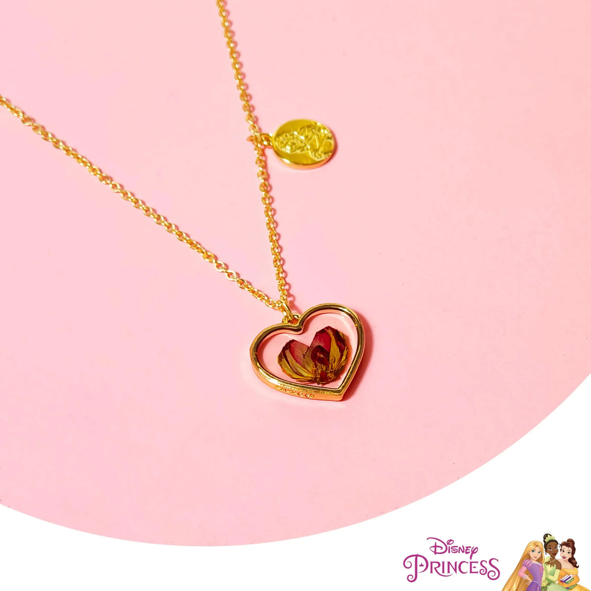 Disney Princess Belle Heart Necklace gold chain with rose design on pink background, LuvHer Shop