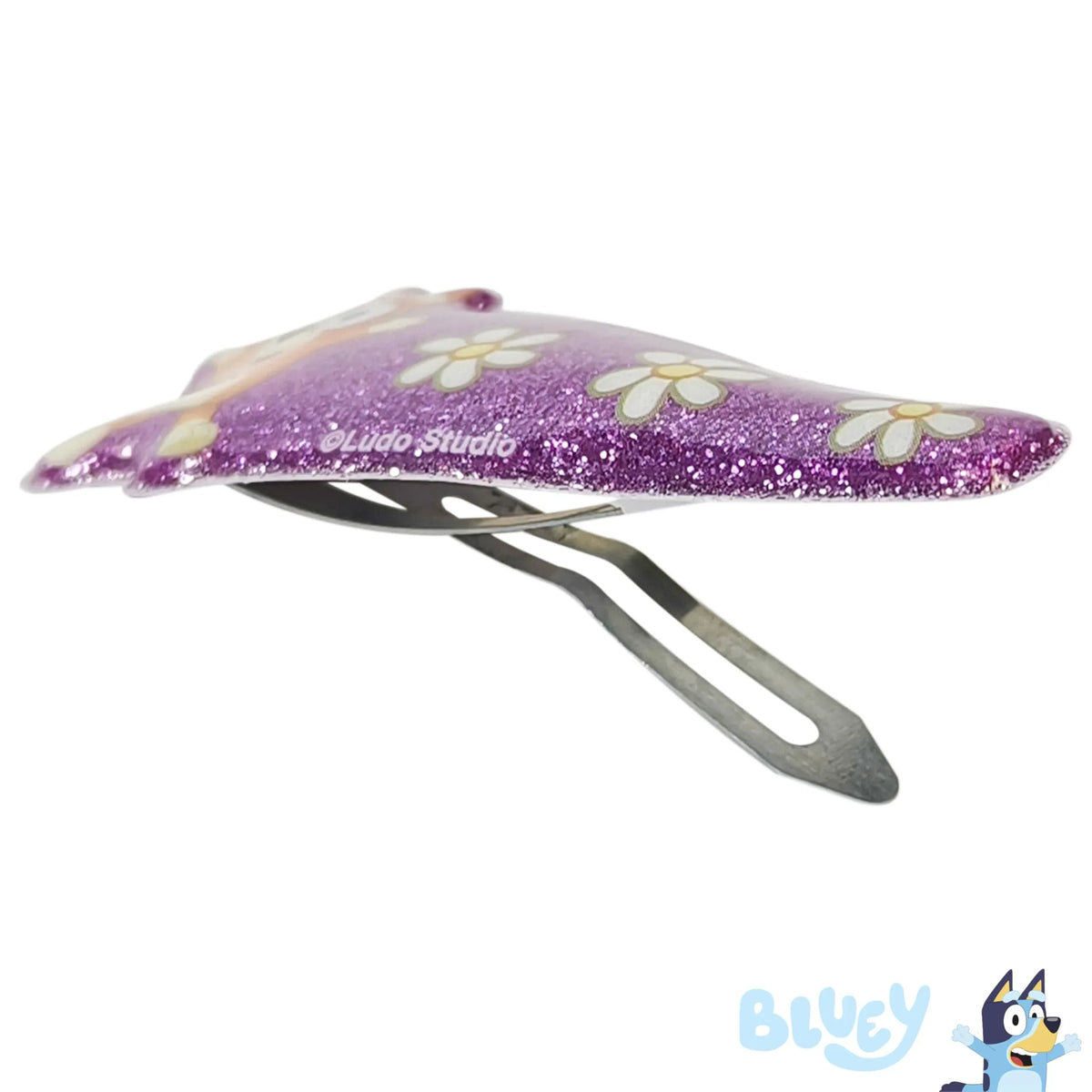 Bluey Daisy Snap Hair Clip with purple glitter and daisy design, girls' licensed accessory