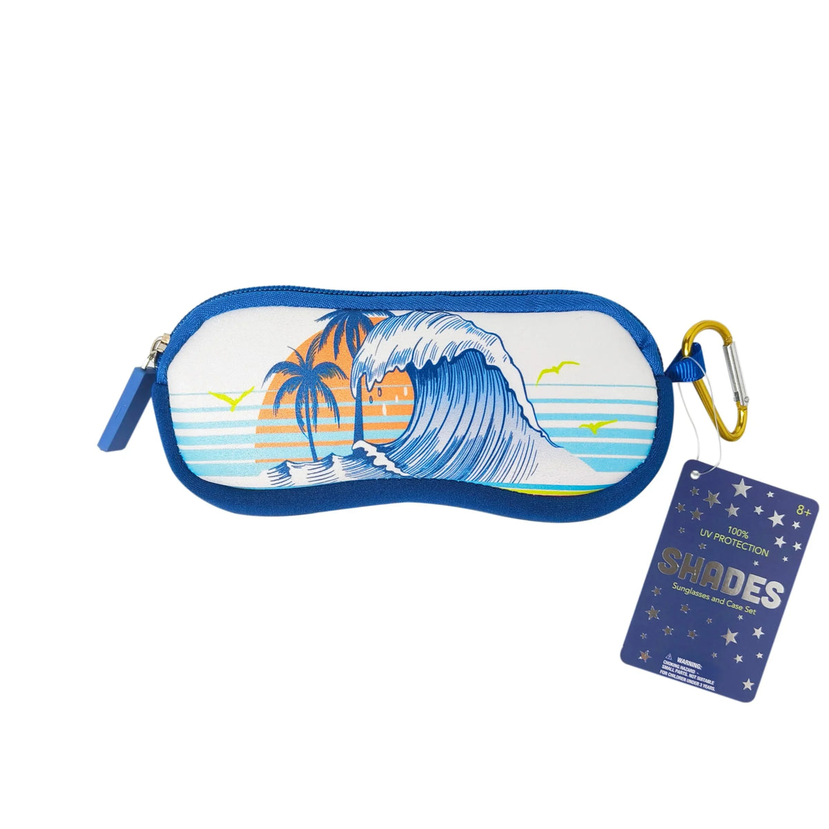LuvHer Shop Shades Sunglasses Case Set with blue wave and palm tree print, zipper, carabiner clip