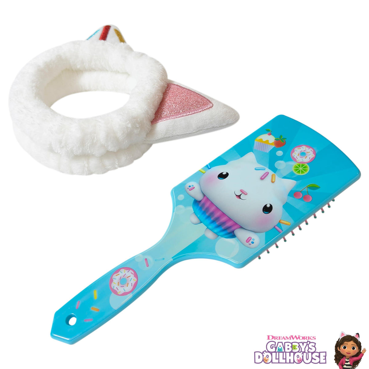 Gabby's Dollhouse hair brush and cat ear headband set for girls, featuring cute kitty design