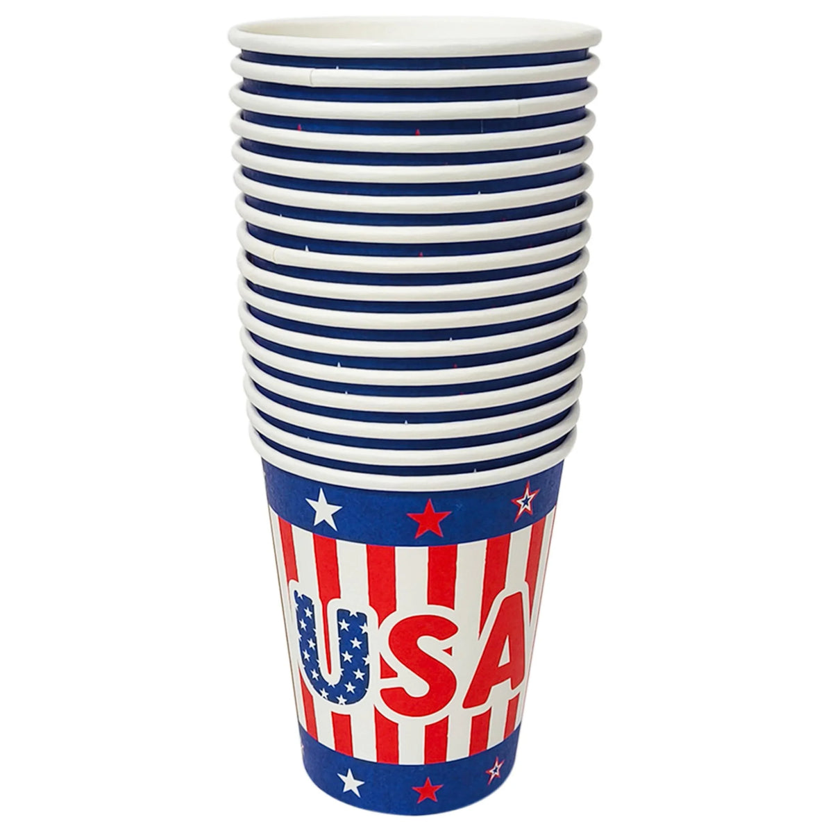 USA Paper Cups with red, white, and blue stars and stripes design stacked together