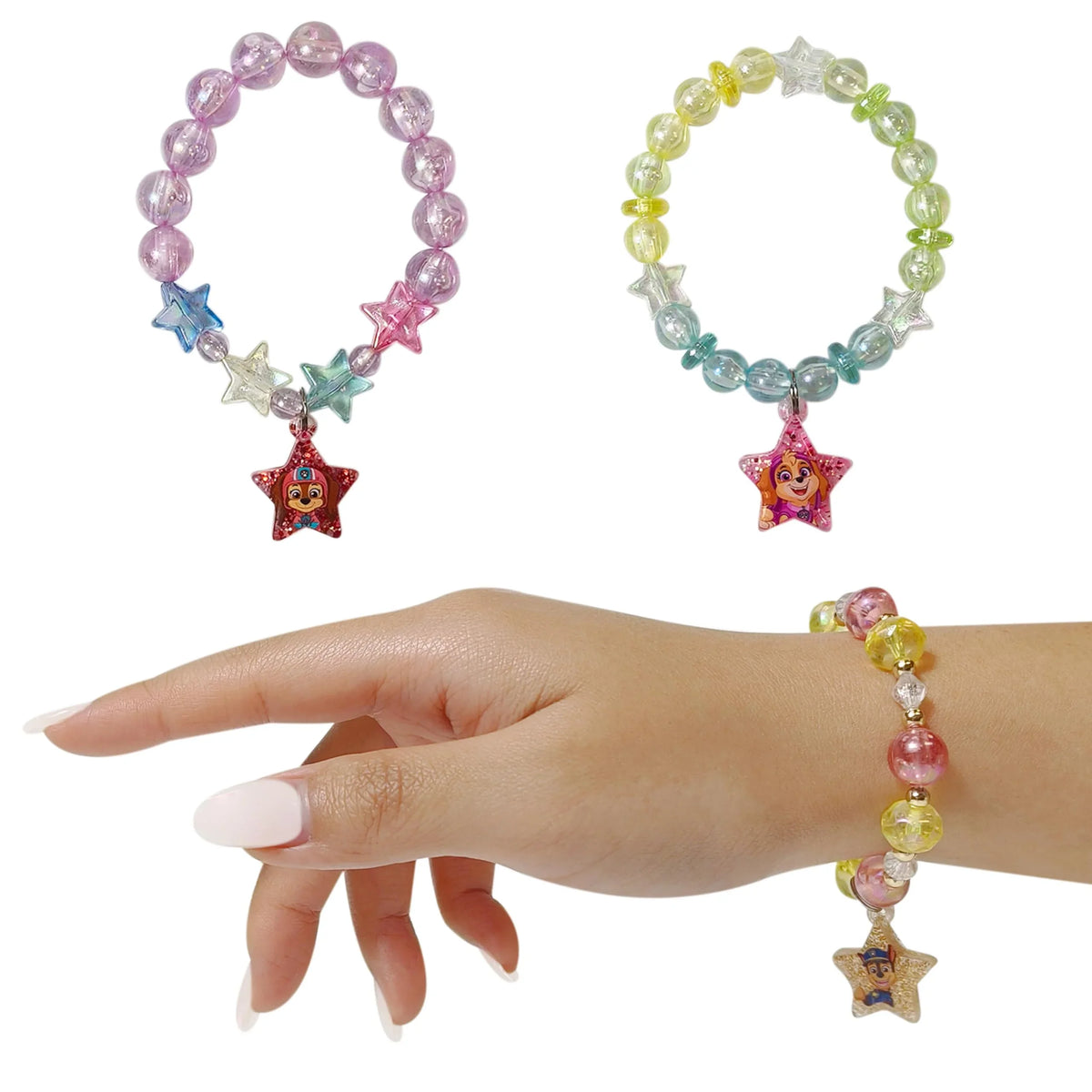 PAW Patrol Bead Bracelet Set featuring colorful beads, star charms, and character pendants on a girl's wrist, LuvHer Shop accessory.