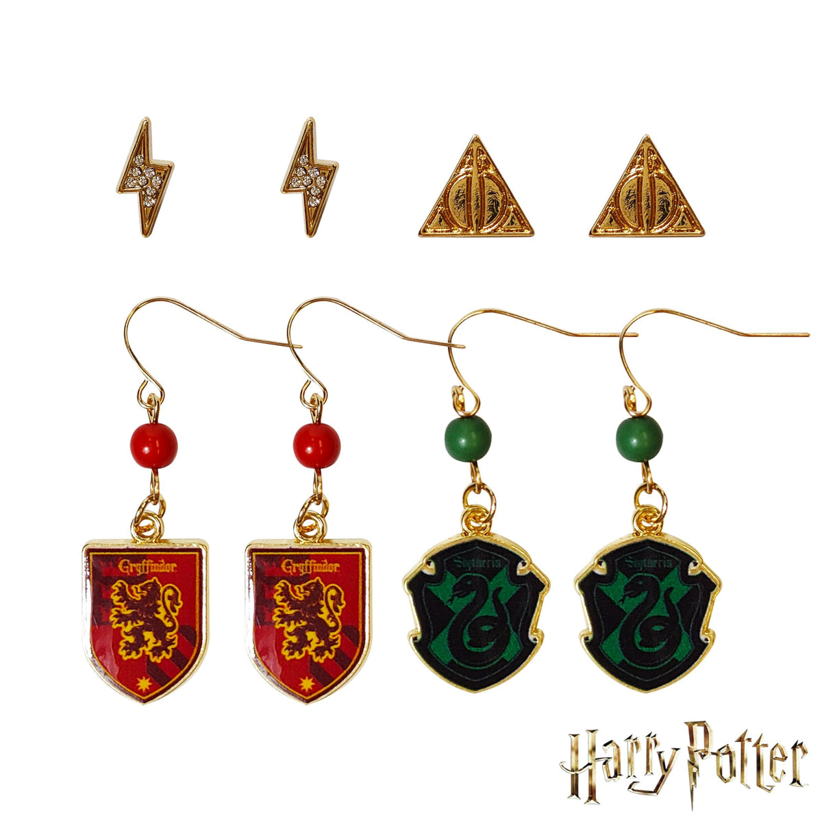 Harry Potter earrings set with Gryffindor, Slytherin, lightning bolt and Deathly Hallows designs