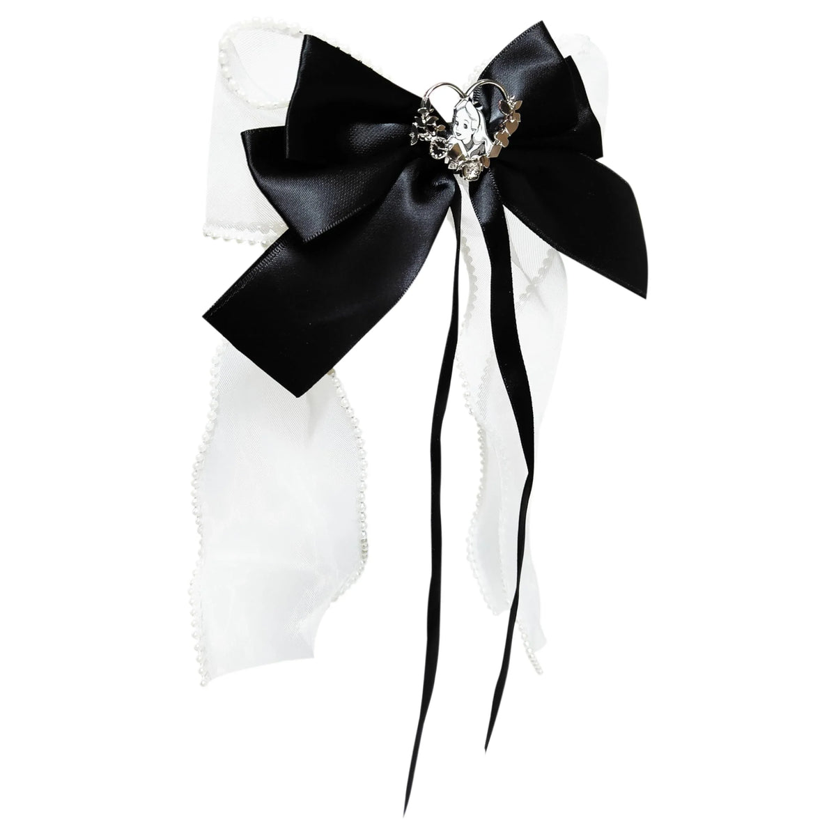 Wednesday Addams black and white hair bow with pearl trim and character charm from LuvHer Shop