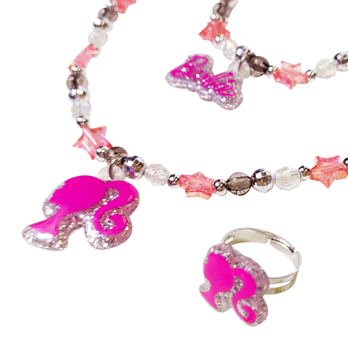 Barbie Girls Jewelry Set - 3 Piece Toy Jewelry Box Set with Bead Necklace, Bracelet, and Ring