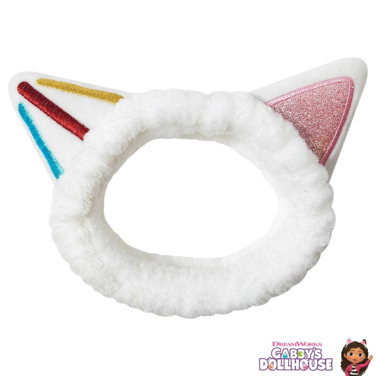 Gabby's Dollhouse plush white headband with cat ears, colorful accents, and pink glitter detail