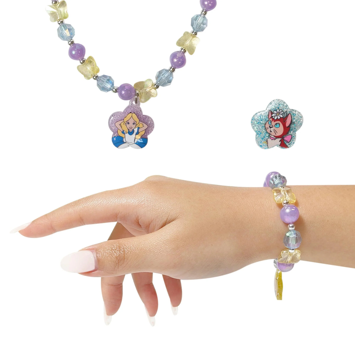 LuvHer Shop Alice in Wonderland Girls Jewelry Set with beaded necklace, bracelet, and rings featuring Alice and cat charms.