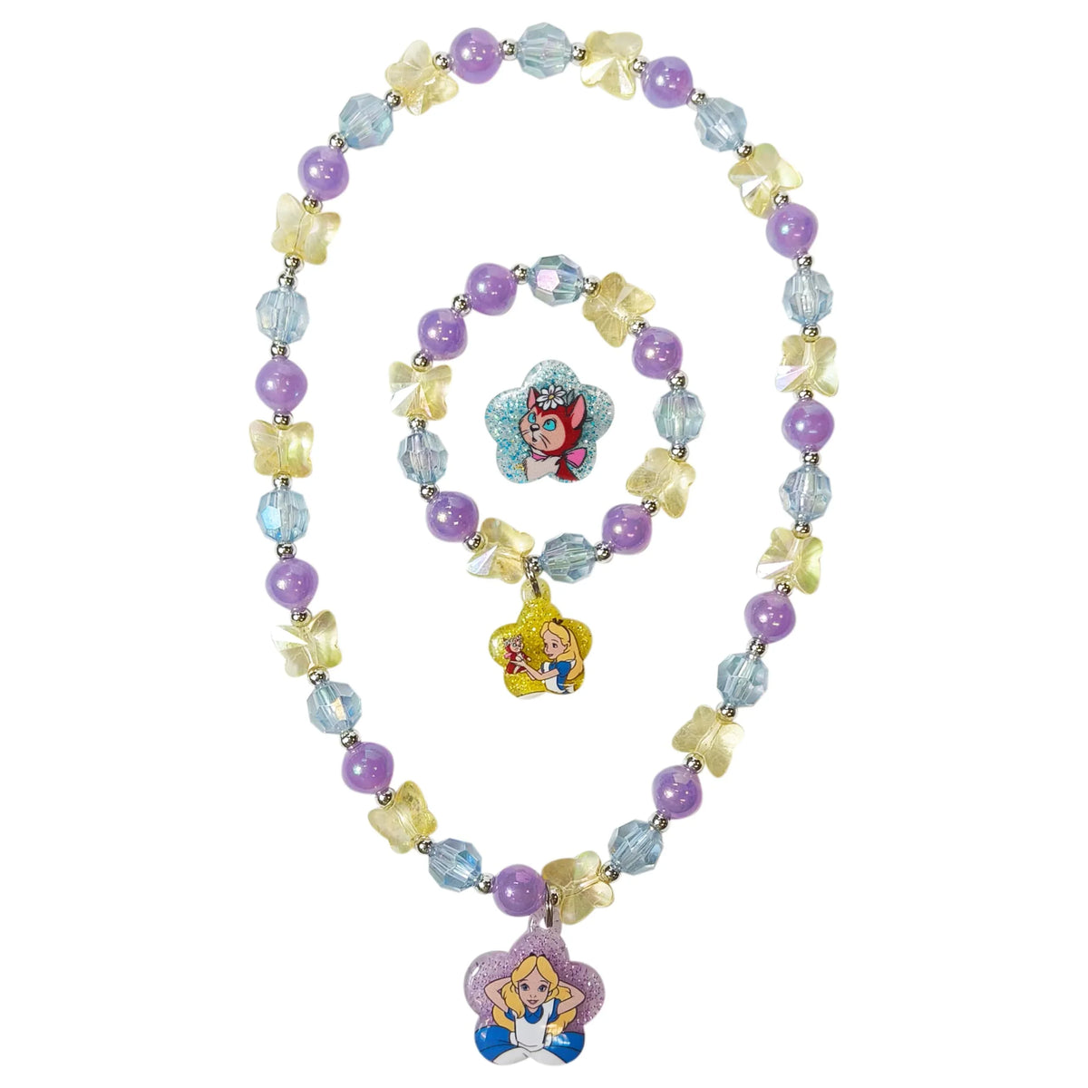 Alice in Wonderland girls' jewelry set with purple and yellow beaded necklace, bracelet, and rings