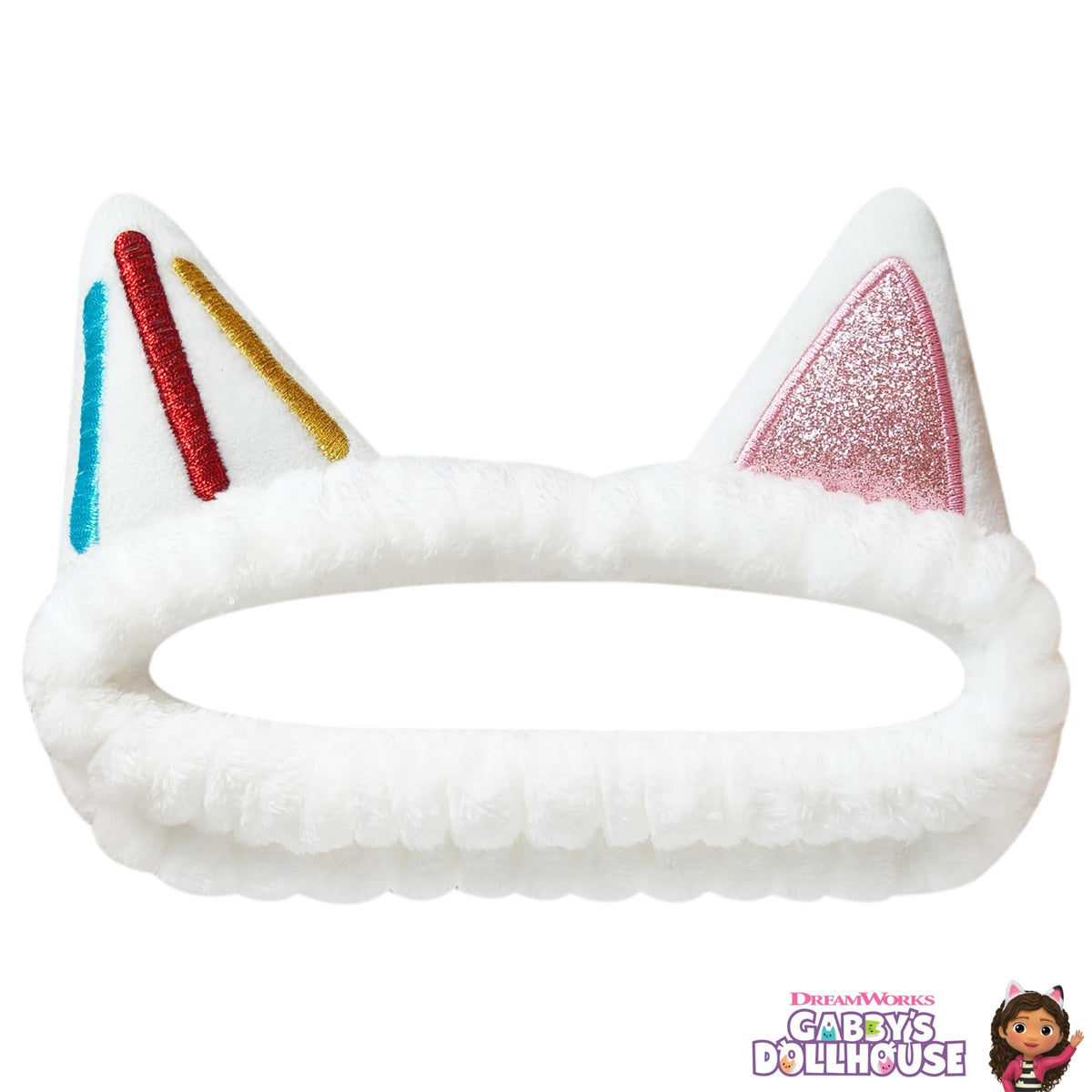 Gabby's Dollhouse white plush cat ear headband with colorful stripes and pink glitter accent, girls accessory