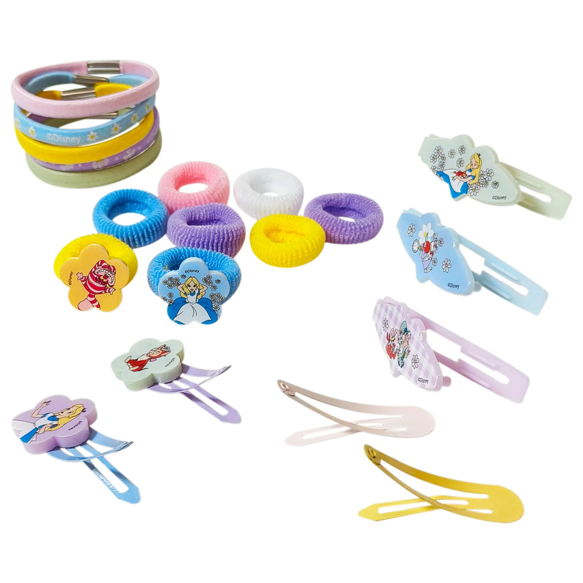 Disney Alice in Wonderland hair accessories set with colorful hair ties, barrettes, and snap clips