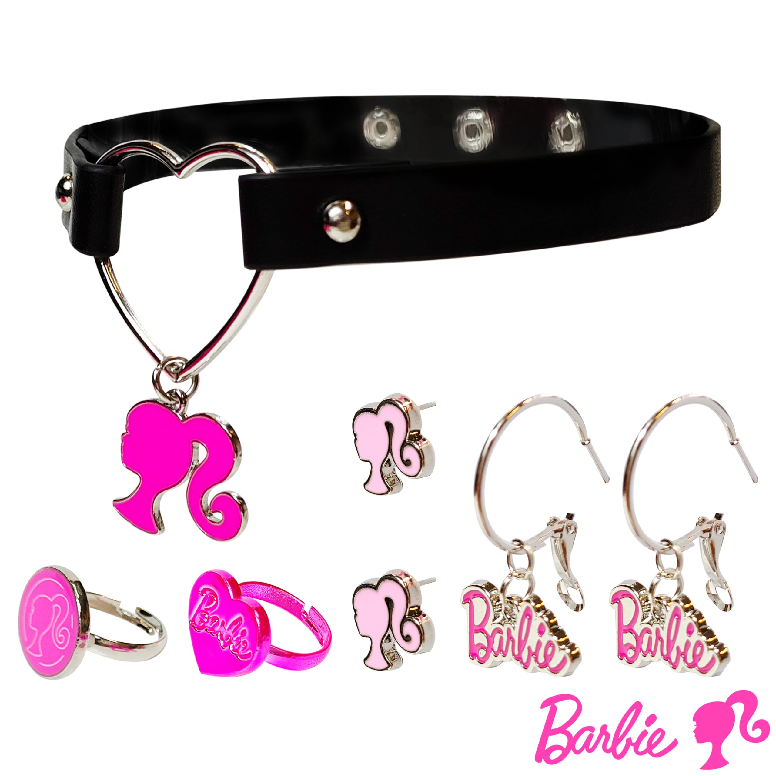 Barbie themed 2-Piece Adjustable Ring Set, a pair of stud and hoop earrings, and a choker for Girls - Barbie Themed Charms, Universally Fitting & Stylish Gifts and Accessorie A Must-Have Accessory - LuvHer Shop