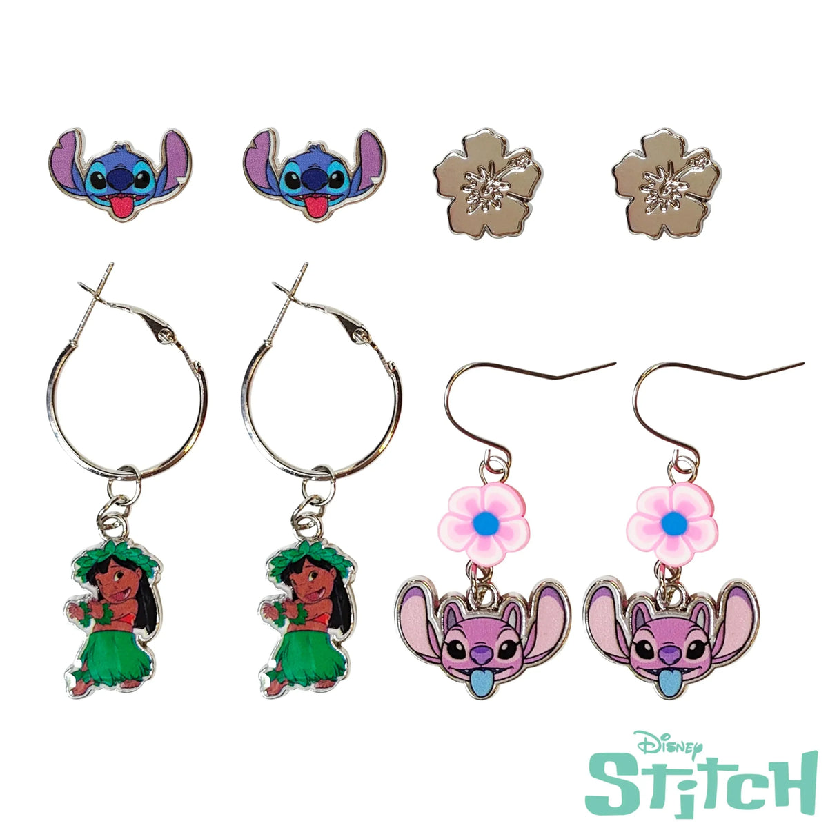 Disney Stitch and Lilo earring set with floral designs, official girls' accessories