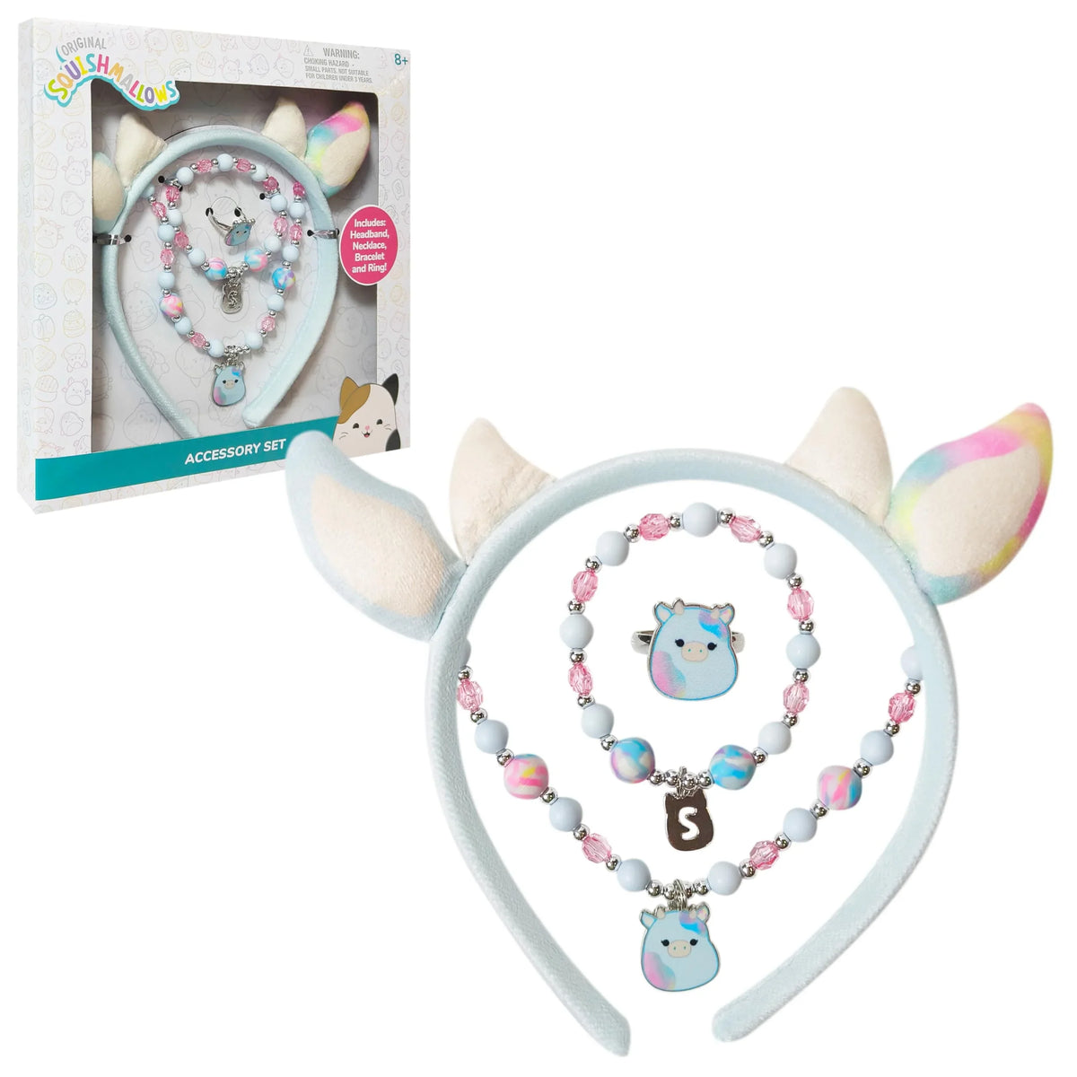 Squishmallows Accessory Set with pastel cow headband, beaded bracelet, necklace, and ring