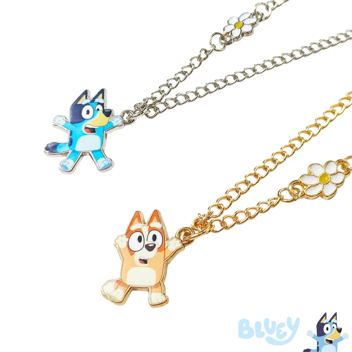 Bluey Best Friends Necklace Set featuring Bluey and Bingo charms on silver and gold chains with daisy accents, officially licensed girls' jewelry from LuvHer Shop.