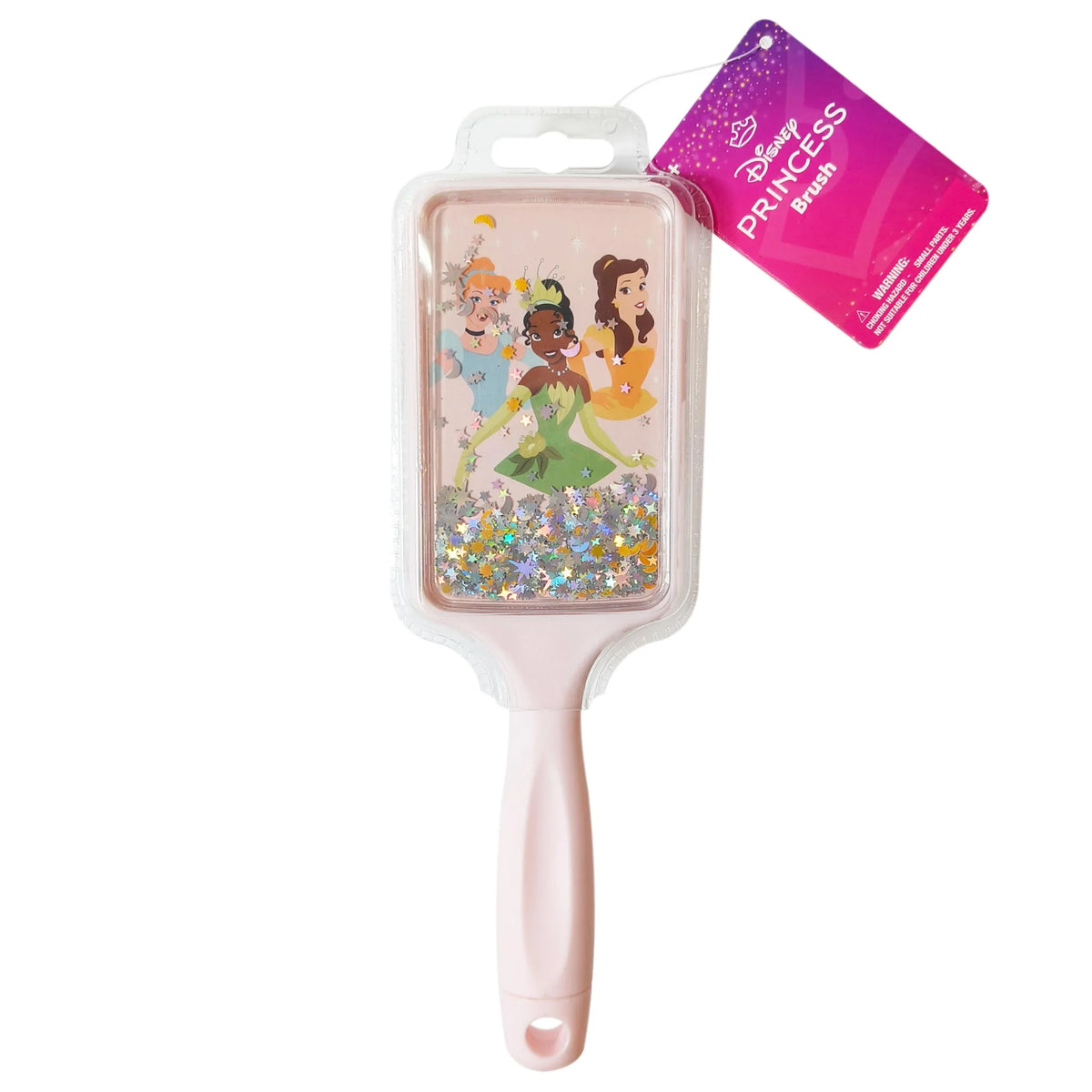 Disney Princess Brush with pink handle, glitter, and princess characters, girls' hair accessory