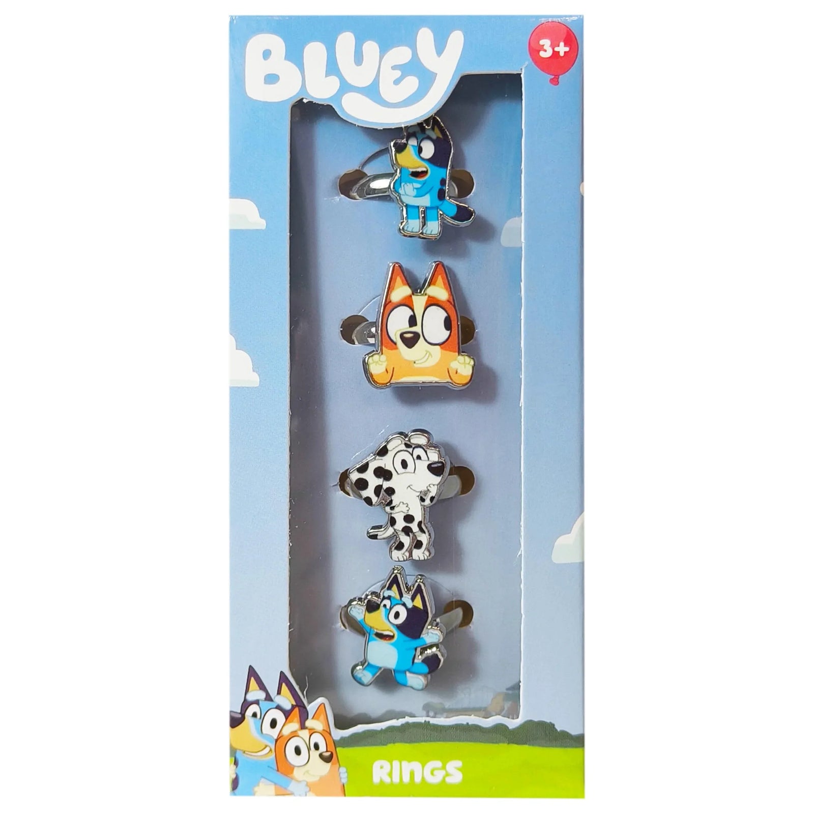Bluey Rings set with four cartoon character rings in colorful retail packaging, officially licensed girls' accessory
