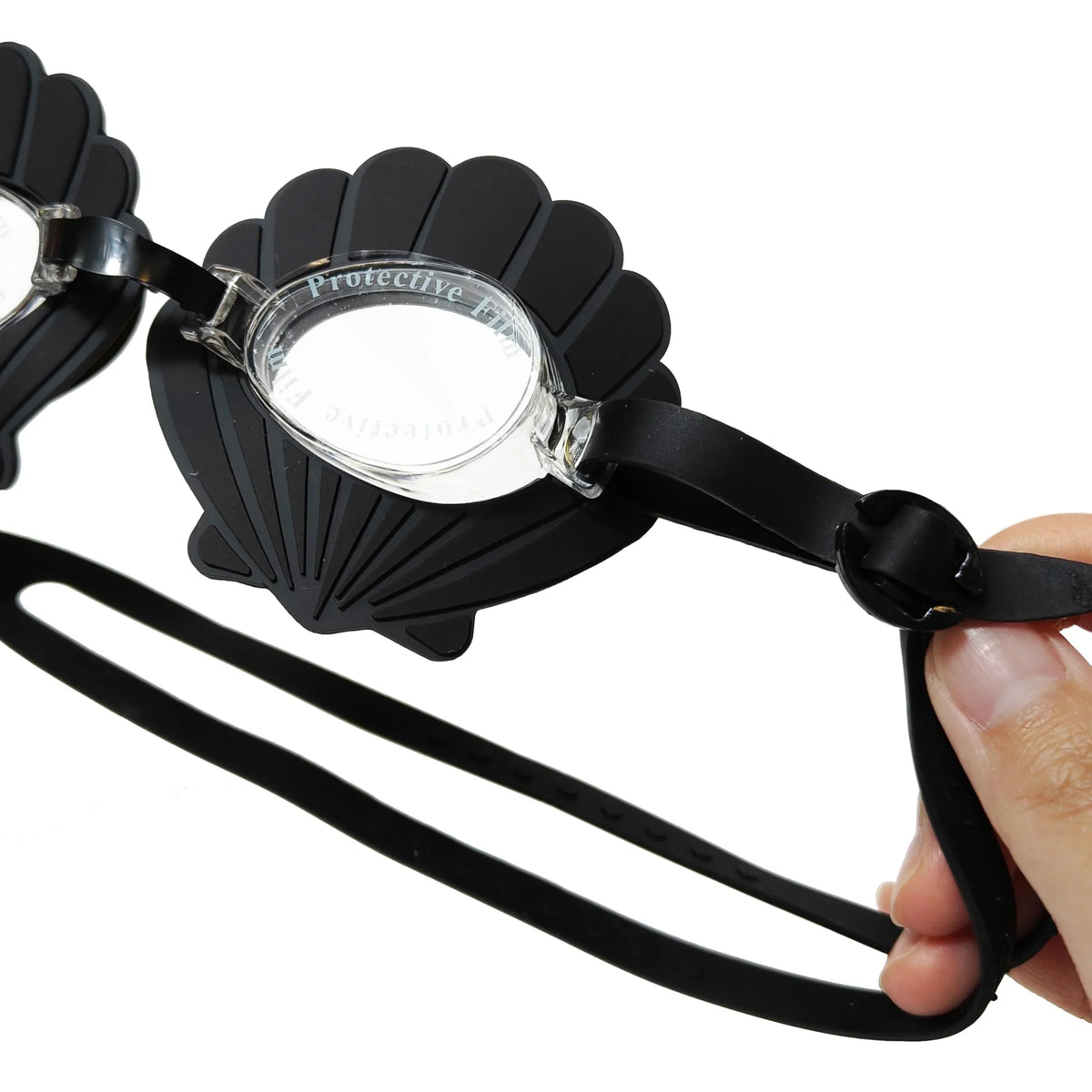 Black Seashell Swim Goggles for girls with clear lenses, adjustable strap, LuvHer Shop accessory
