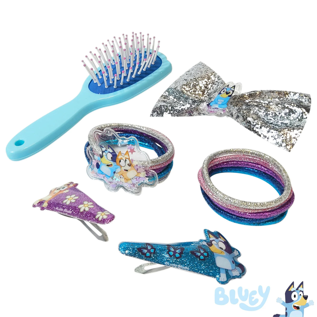 Bluey hair accessory set with brush, glitter hair bow, clips, and elastic bands for girls