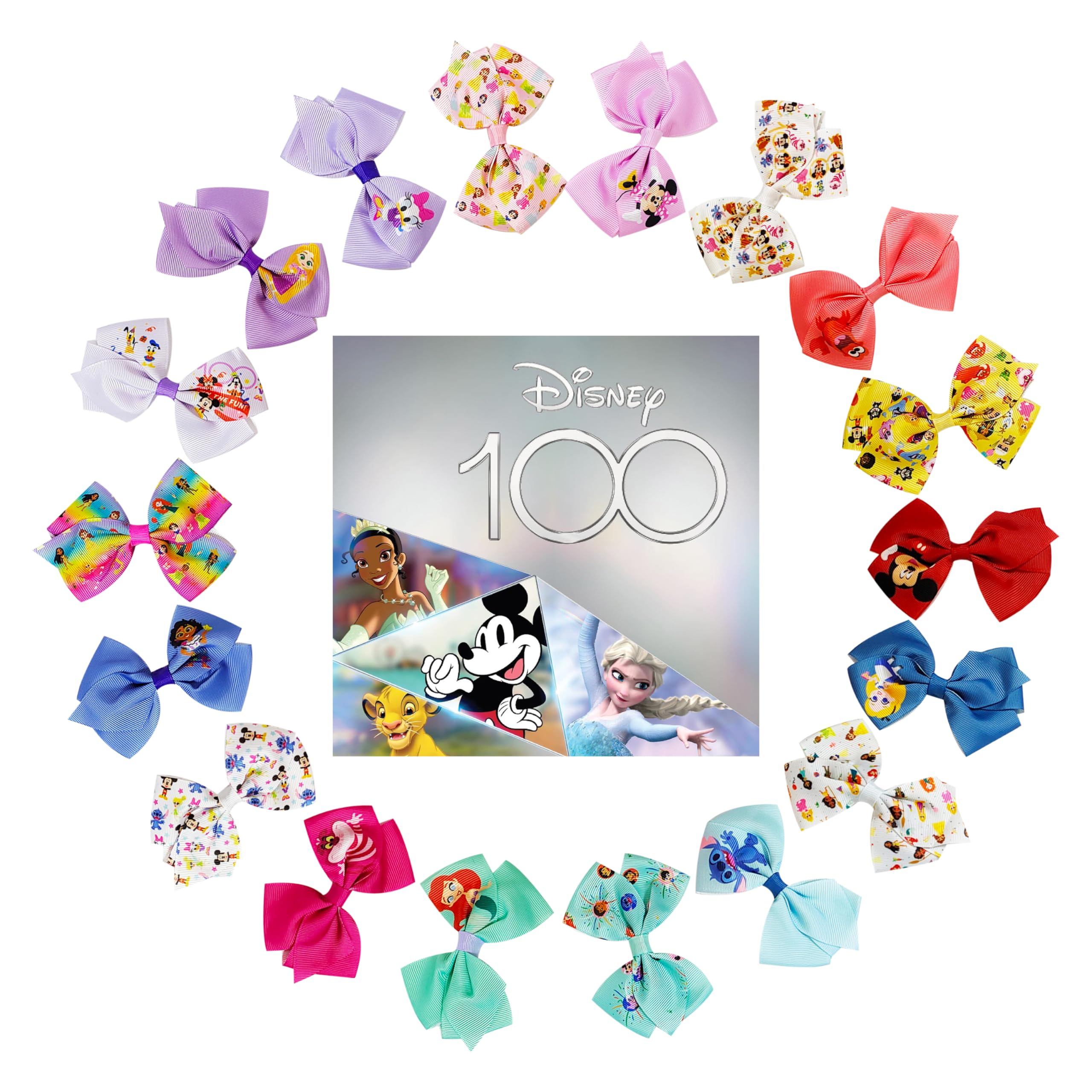 Disney 100th Anniversary Special Hair Accessory for Girls|18pc Disney Hair Bow Clips Featuring Favorite Characters with a String Bag Bow Holder with hanger. For all occasions & ages 3+ - LuvHer Shop