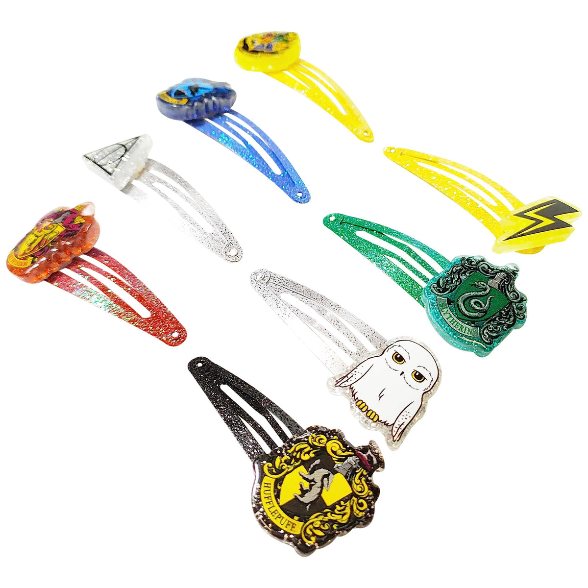 Harry Potter Glitter Snap Hair Clips set featuring house crests, owl, and lightning bolt designs
