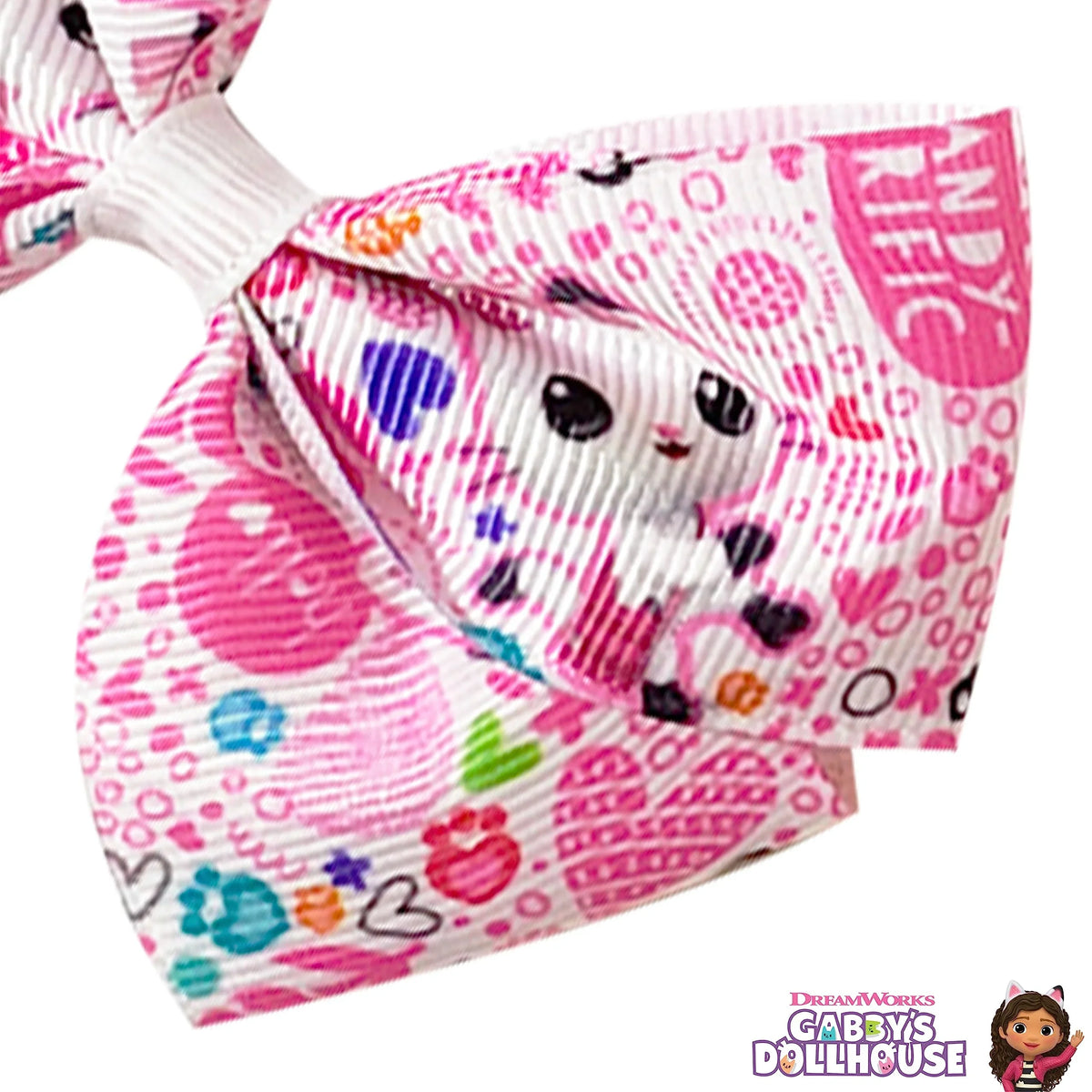 Gabby's Dollhouse hair bow with Gabby cat face and colorful paw prints, girls' accessory