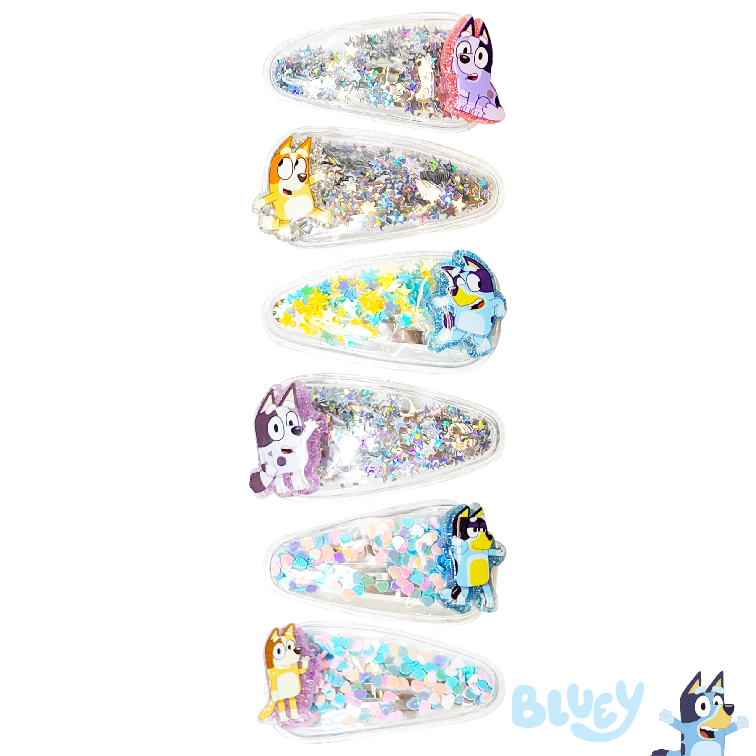 LUV HER Bluey Hair Accessories For Girls, 6pc Cute Hair Clips with Favorite Bluey Character Charms, Magical Confetti Hair Clips, Ages 3+ - LuvHer Shop