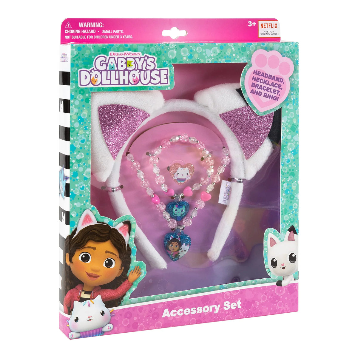 Gabby’s Dollhouse Accessory Set with headband, necklace, bracelet, and ring in branded box.